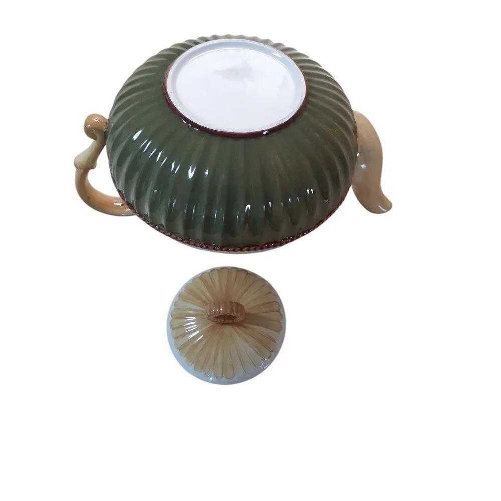 Porcelain Tea Pot with Lid White Green - Picture 3 of 4